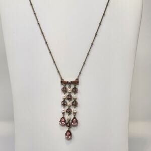 Betsey Johnson Pink Crystal Bow Dangle Drop Necklace Gold Tone Chain Faux Pearl